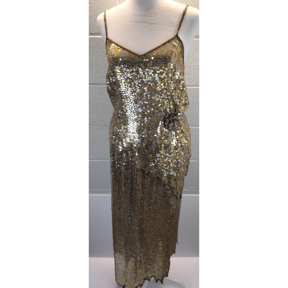 Vintage 1980's ZAIRA DESIGN New York Gold And Silver Sequin Dress Silk 2 Piece